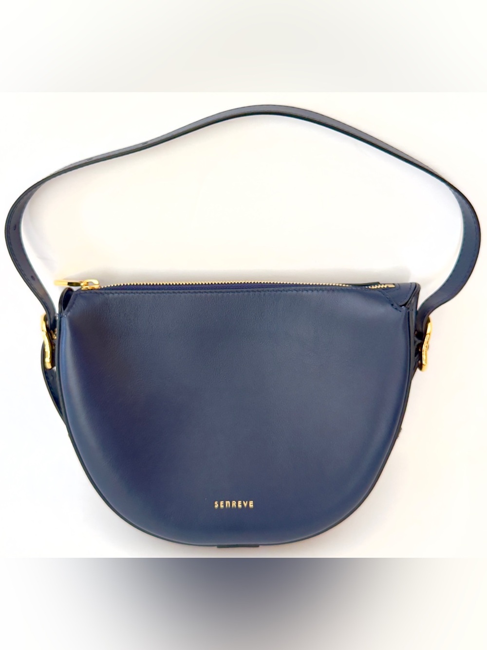Senreve Navy Leather Shoulder, Handle, and Wristlet handbag w/Gold Hardware